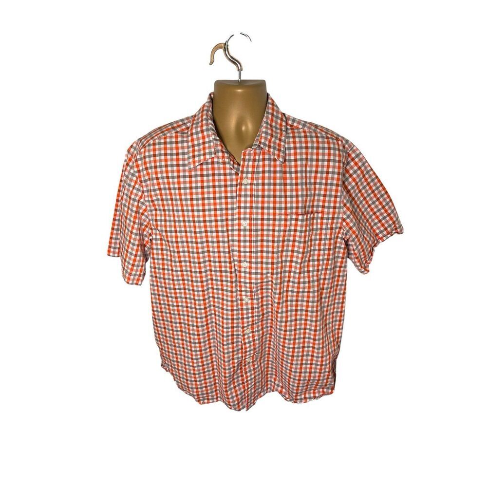 Y2K Eddie Bauer Plaid Button Front Shirt Short Sleeve Orange Gray L
